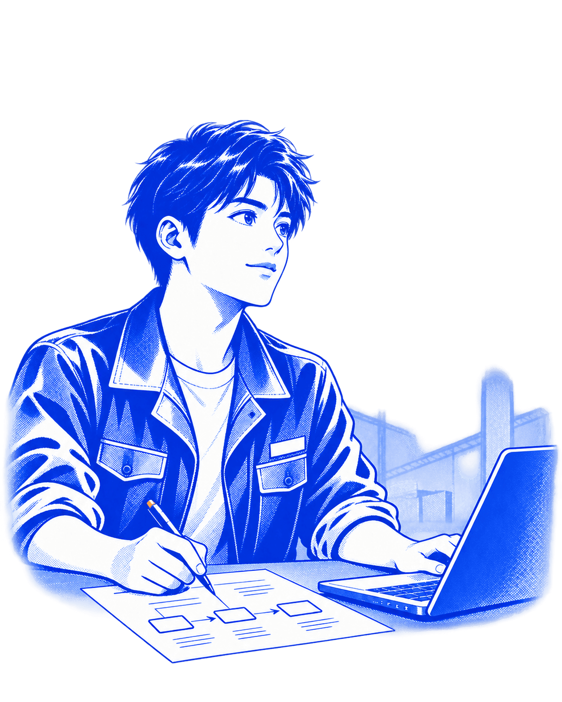 智微云途蓝白漫画插画：男工程师在业务现场使用电脑、梳理工作流。